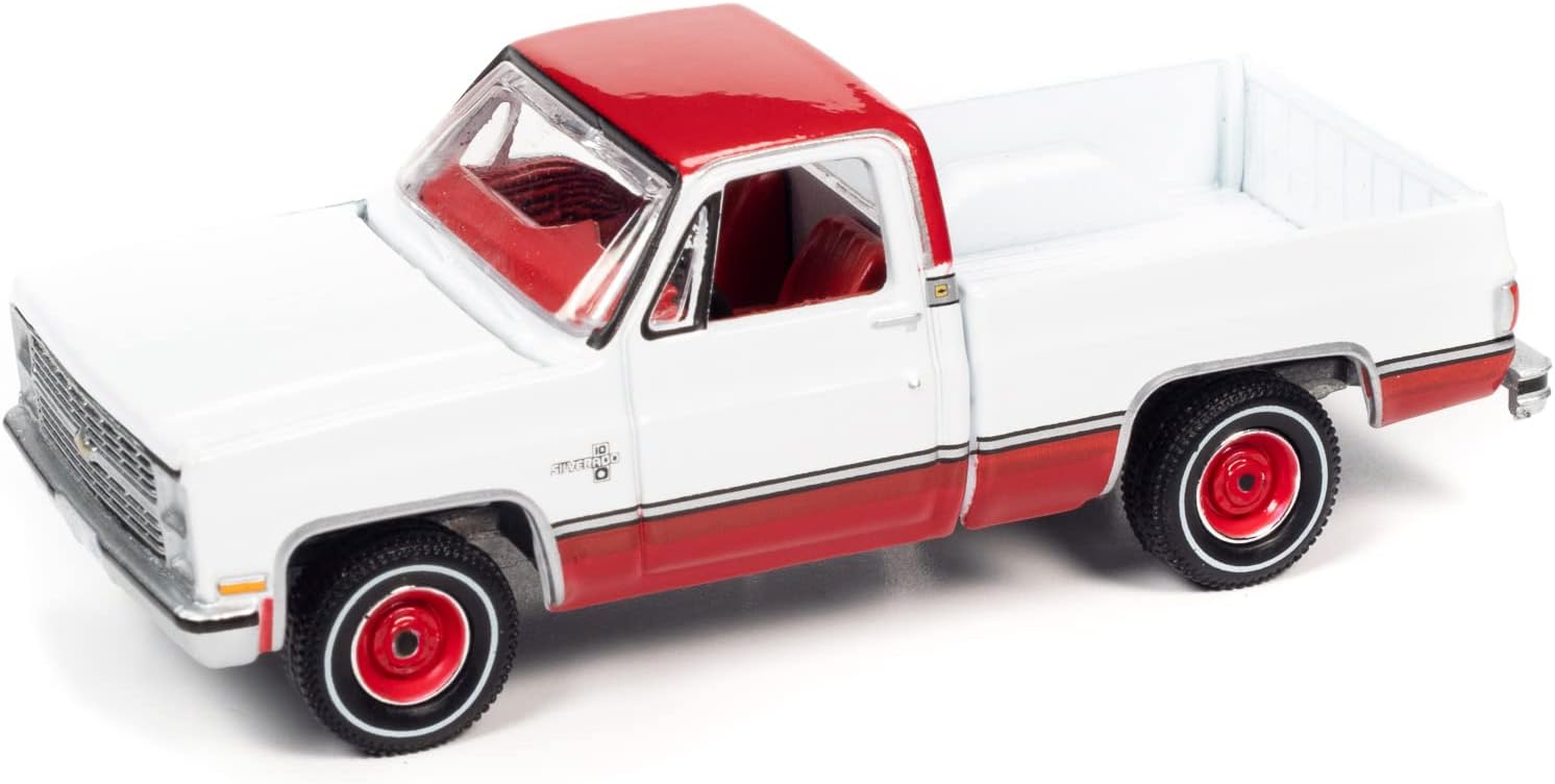 1983 Chevy Silverado 10 Fleetside Pickup Truck White & Carmine Red w/Red Interior Ltd Ed 17120 pcs 1/64 Diecast Model Car by Autoworld 64322-AWSP074 B, unisex