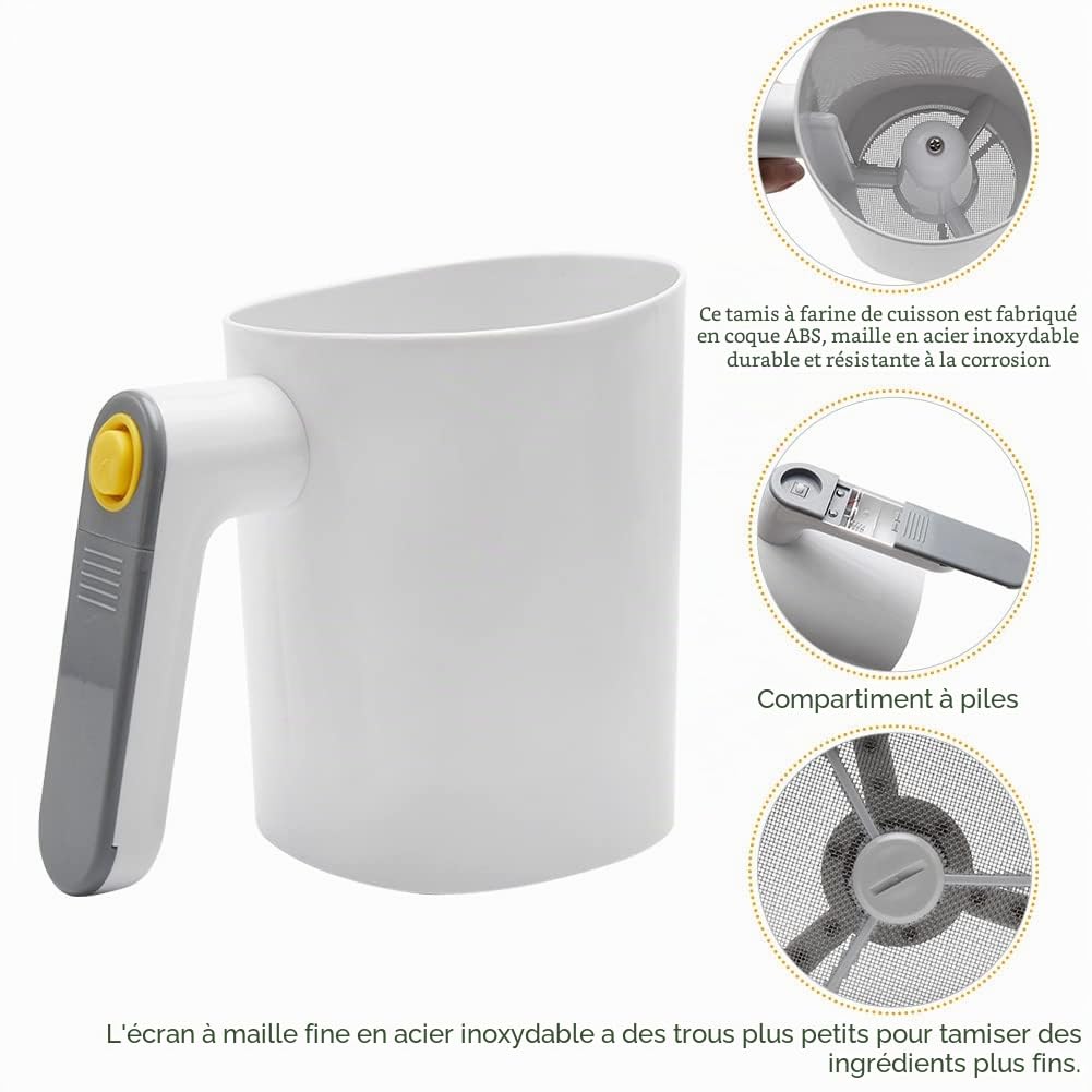 Tamis à farine électrique à piles, en acier inoxydable, outil de cuisson, shaker en maille en acier inoxydable, passoire à poudre, passoire à pâtisserie (blanc) Taille unique