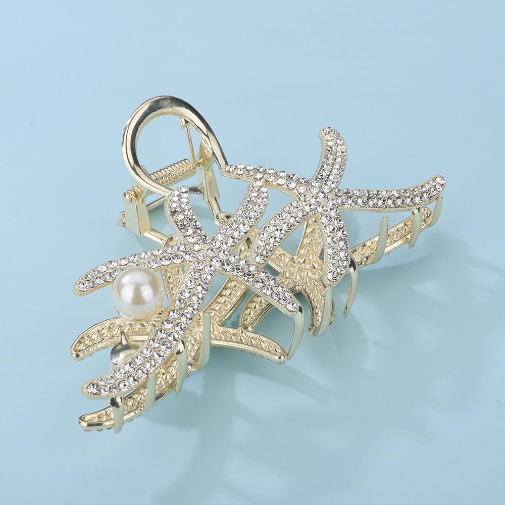 Jumwrit Pinza para el pelo con diamantes de imitación brillantes, estilo bohemio, doble estrella de mar, clip de mandíbula de metal grande para el pelo, fuerte sujeción de perlas de imitación,