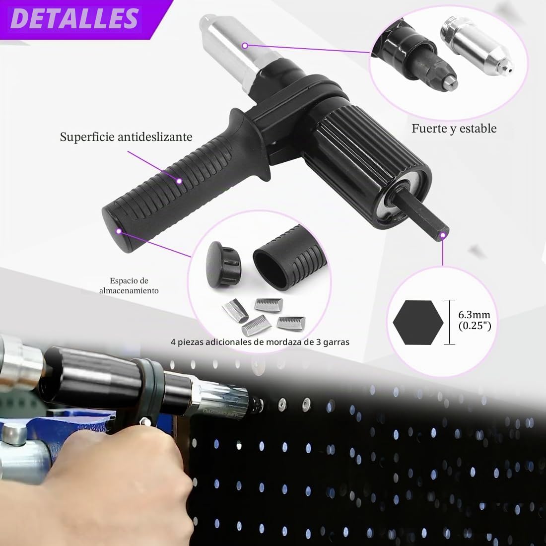 Swpeet - Kit de adaptador de pistola de remache eléctrica de aleación de acero negro de 211 piezas, incluye cabeza de remache de 2,4/3,2/4,0/4,8 mm de diámetro y llave de mango con kit de remaches