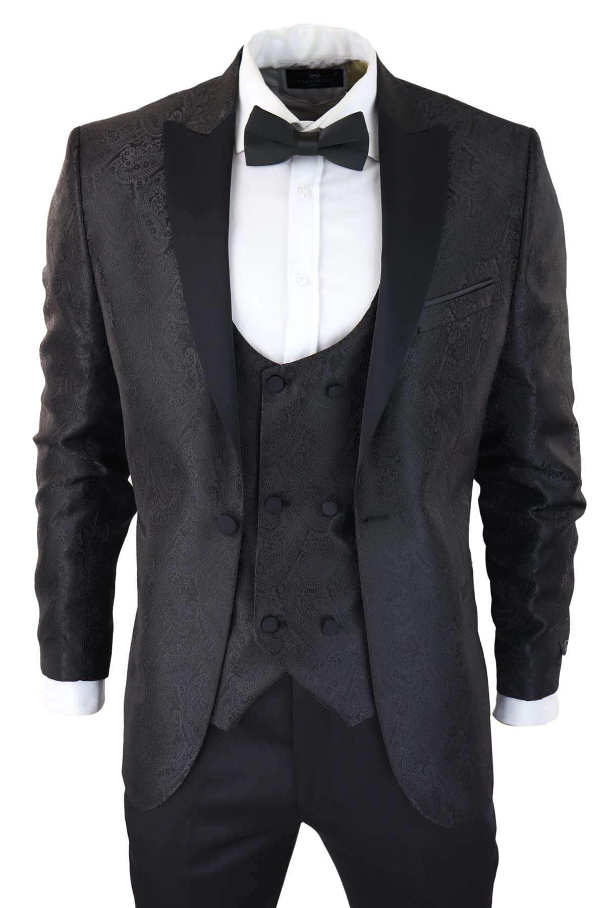 Truclothing Men's Black Paisley Tuxedo Blazer And Waistcoat Brocade Dinner Jacket Satin Fit - 48