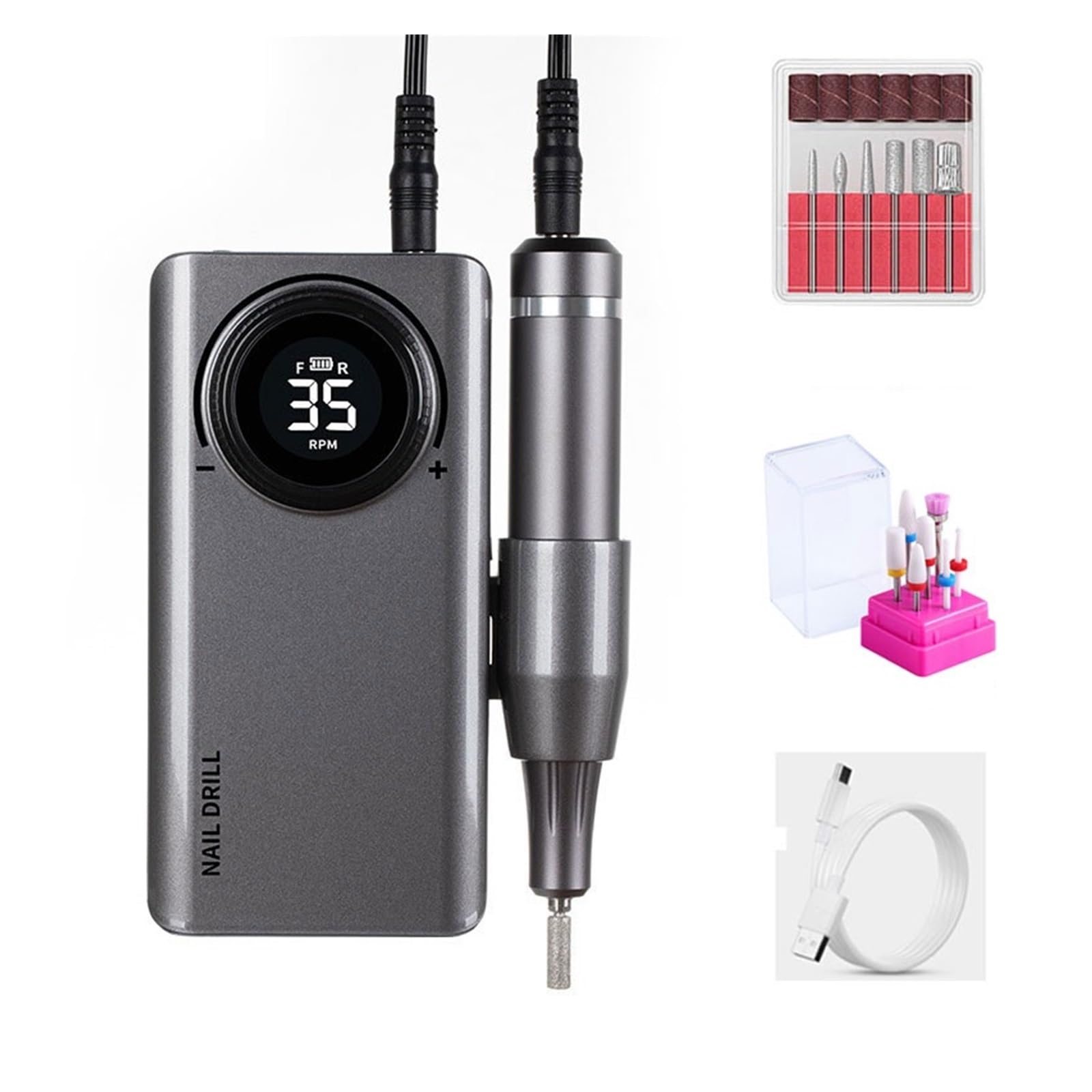 35000RPM wiertarka do paznokci z wyświetlaczem LCD, akumulatorowa żelu, profesjonalna frezarka manicure,Niski poziom hałasu(Grey-07)