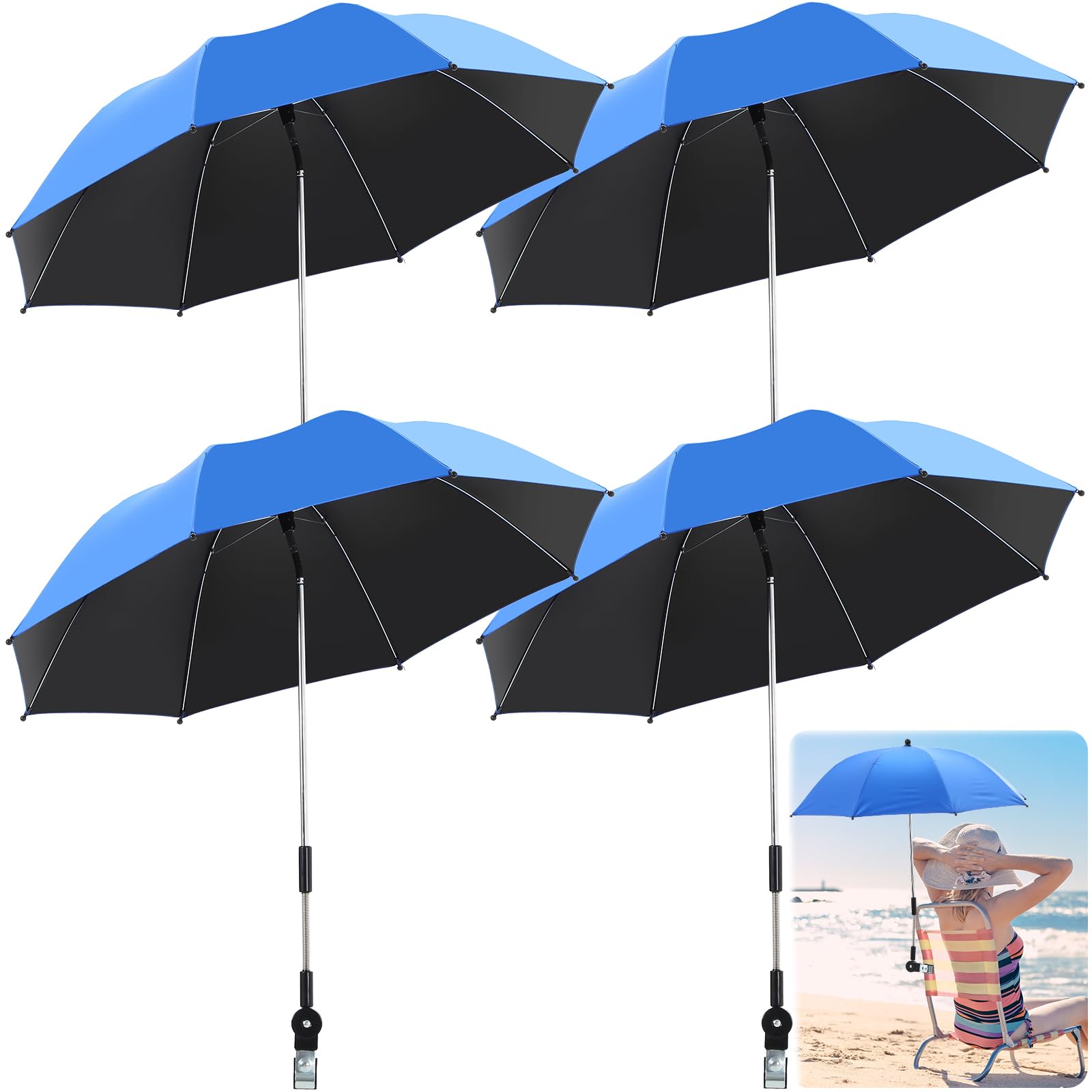 4 Pack Chair Umbrella with Clamp Universal Adjustable UV Protection Beach Umbrella Clip on Wheelchair Umbrella for Camping Chair Patio Chairs Stroller Golf Carts, Not Include Chair (Royalblue)