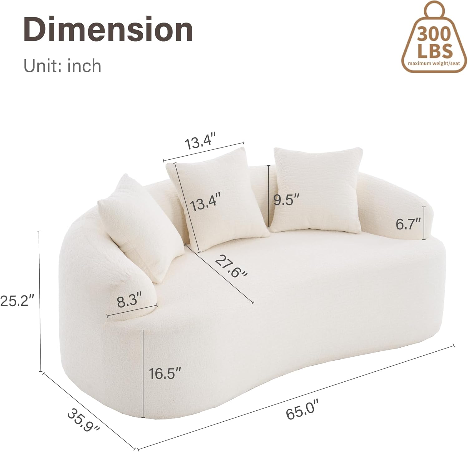 Loveseat Sectional Sofa for Living Room, 65’’ Modern Luxury Plush Chenille Extra Deep Seat Curved Cloud Floor Couch with 3 Throw Pillows for Small Spaces, No Assembly Needed, Cream White
