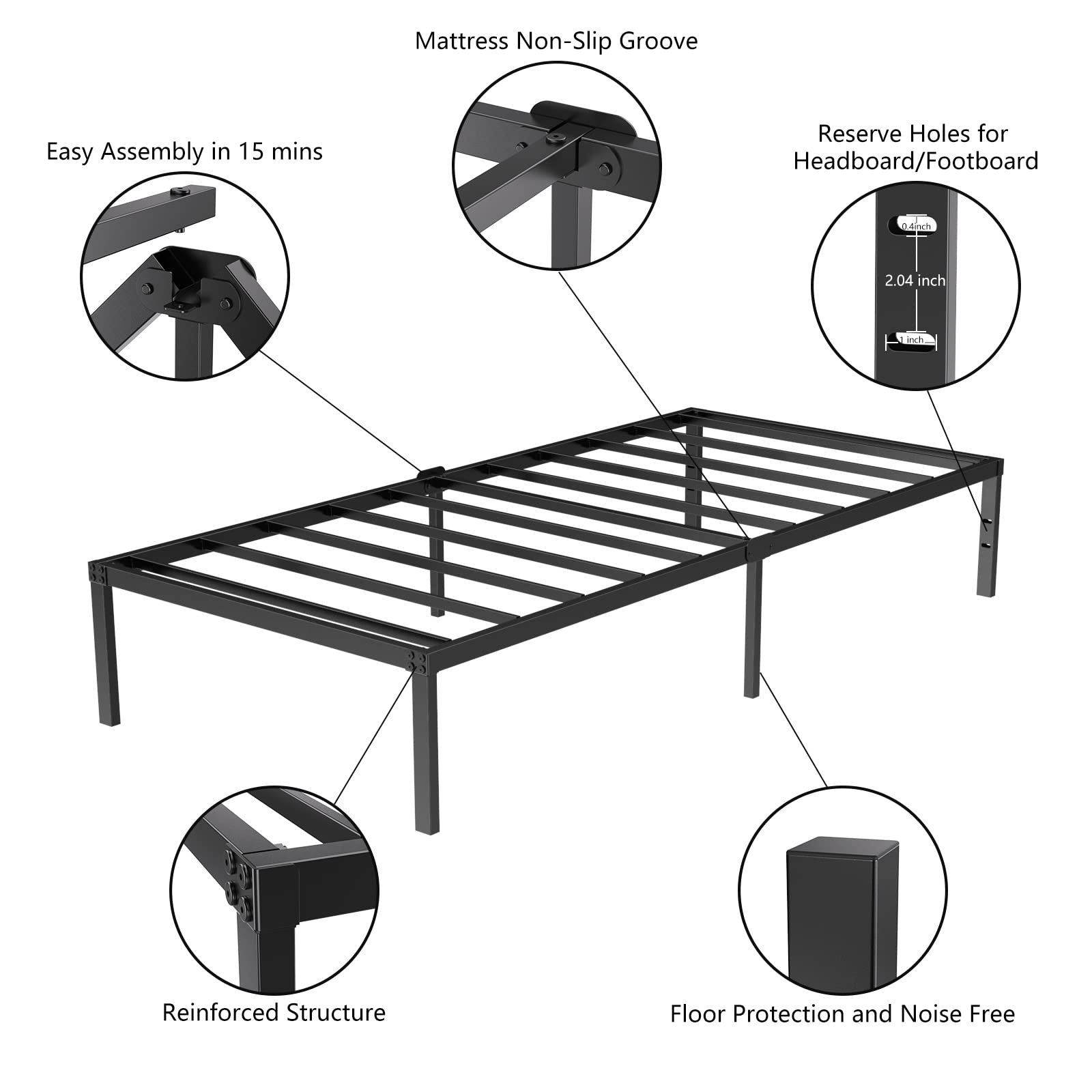 LIJQCI 14 Inch Heavy Duty Twin Bed Frame, Steel Slat Metal Platform Twin Bed with Storage Underneath/No Box Spring Needed/Noise Free/Non-Slip/Easy Assembly