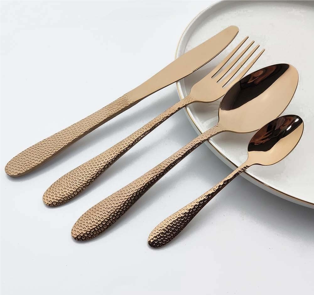 OLSKFUH Cutlery Flatware Cutlery Set, Stainless Steel Water Ripple Snakeskin Handle Tableware Creative Tableware Tea Spoon Cake Fork,Rose Gold-10Set