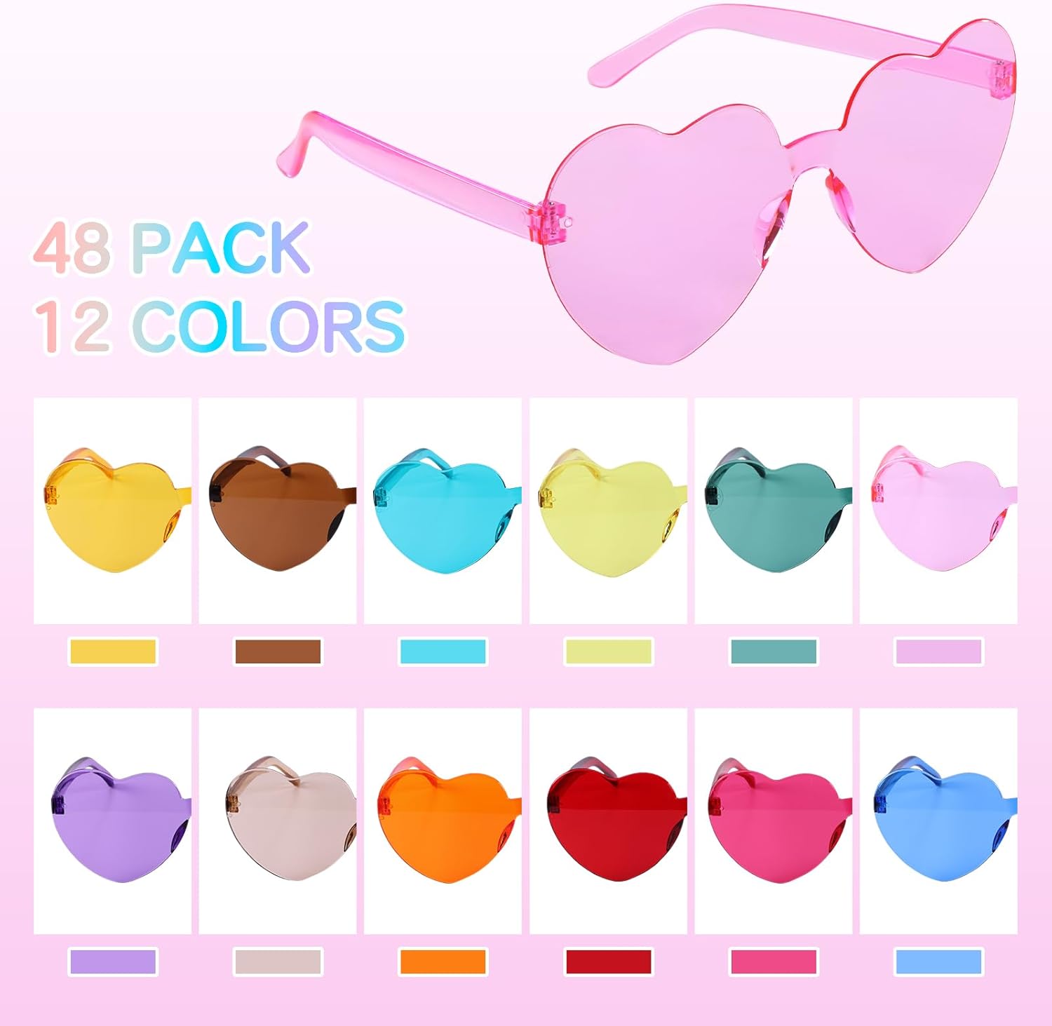 48 Pack Heart Shaped Sunglasses 12 Colors Unbreakable PC UV400 Protection, Trendy Rimless Glasses for Women Men Kids, Bulk Party Accessories for Beach Vacation Birthday Photo Props