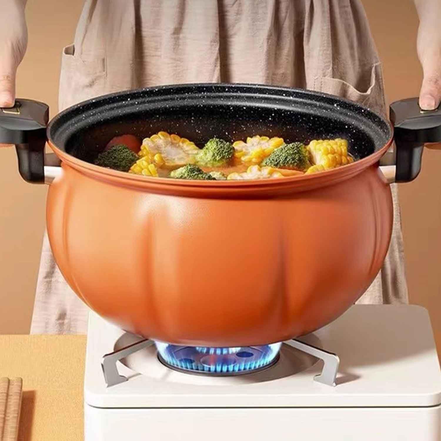 Micro Pressure Cooker,Maifan Stone Soup Pot Pumpkin Shaped Pressure Cooking Pot with Lid, Non-Stick Pot - for Home KitchenOrange,8L