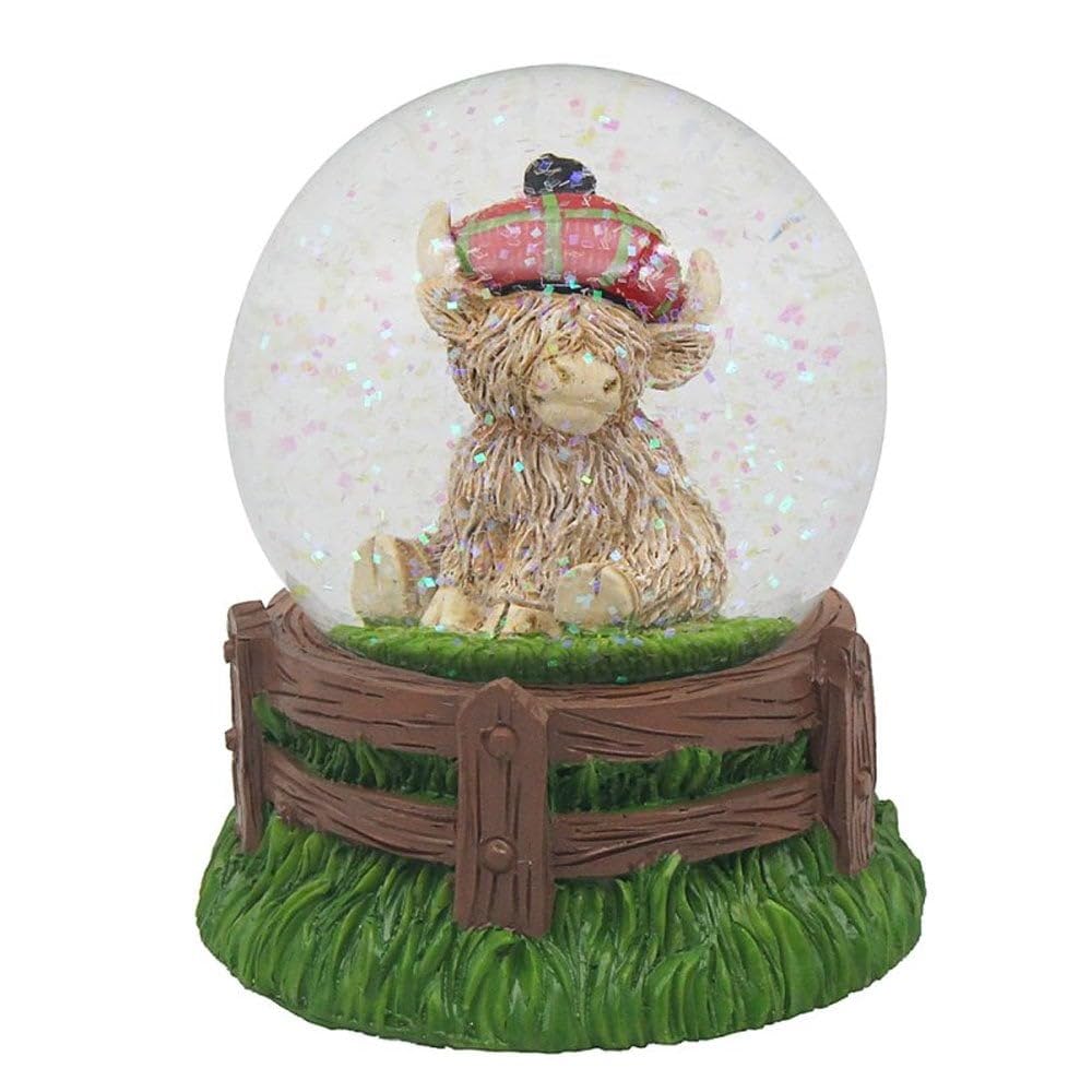 Highland Cow Glitter Water Ball 9cm Snow Globe Ornament - Tartan Hat