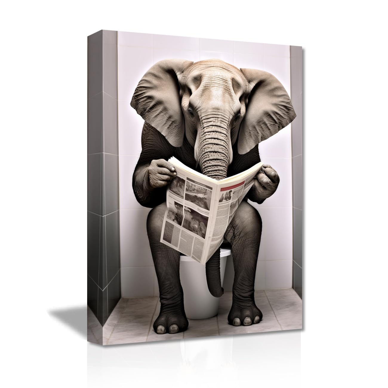 LZIMU Funny Bathroom Wall Decor Cute Elephant Sitting on Toilet Reading Newspaper Canvas Prints Black and White Animals Posters Framed (Bathroom-3, 28"x42" (70.00 x 105.00 cms)) โ image 1
