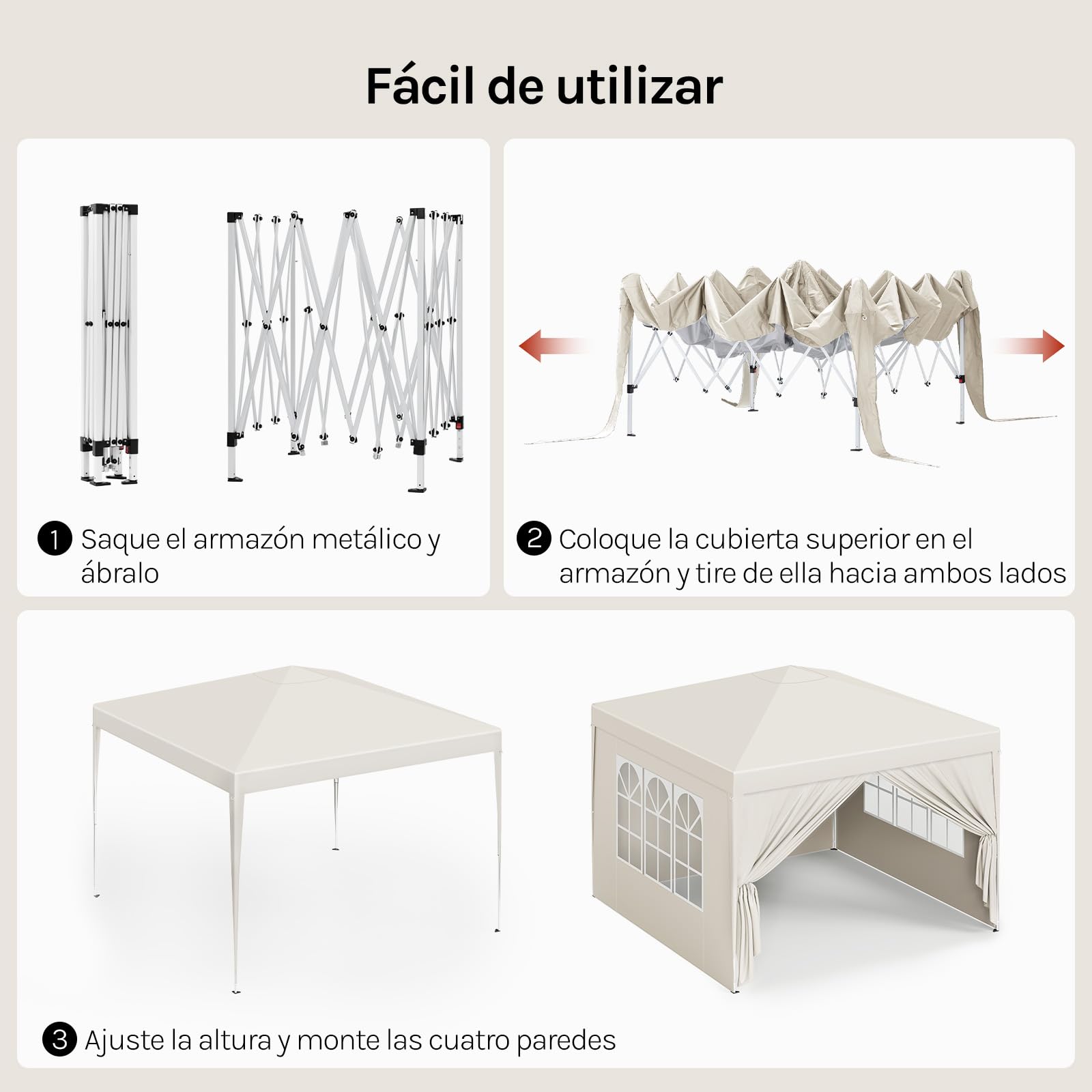 WOLTU Pabellón de Jardín Cenador Pérgola con Diseño Pop Up Carpa con Cubierta Tela Oxford Hecho de Tubos Metálicos, para Camping y Playa, Blanco, Beis