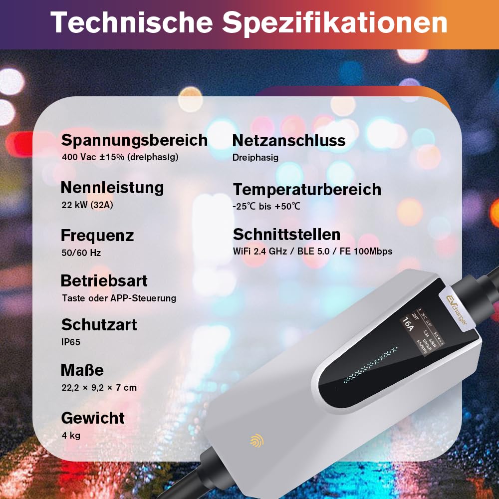 Junsun Typ 2 Ladekabel für EV Elektroauto, 22 kW, 32A, 3-Phasig, 6m Kabel, APP-gesteuert, IP65 wasserdicht, Schnell-Ladegerät für Elektrofahrzeuge