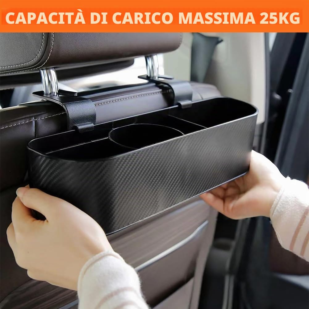 Organizer per poggiatesta auto con portabicchieri, portaoggetti da appendere allo schienale del sedile con ganci, multifunzione, tasca per bevande, cibo, snack, telefono, vassoio per bambini,