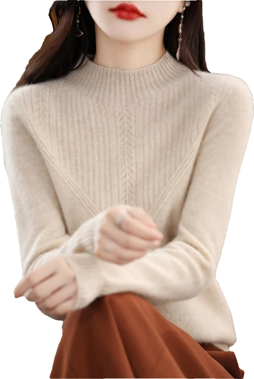 Suéter De Lana 100% para Mujer, Jersey De Punto Sin Costuras con Cuello Medio Alto De Cachemira Y Patrón Hueco
