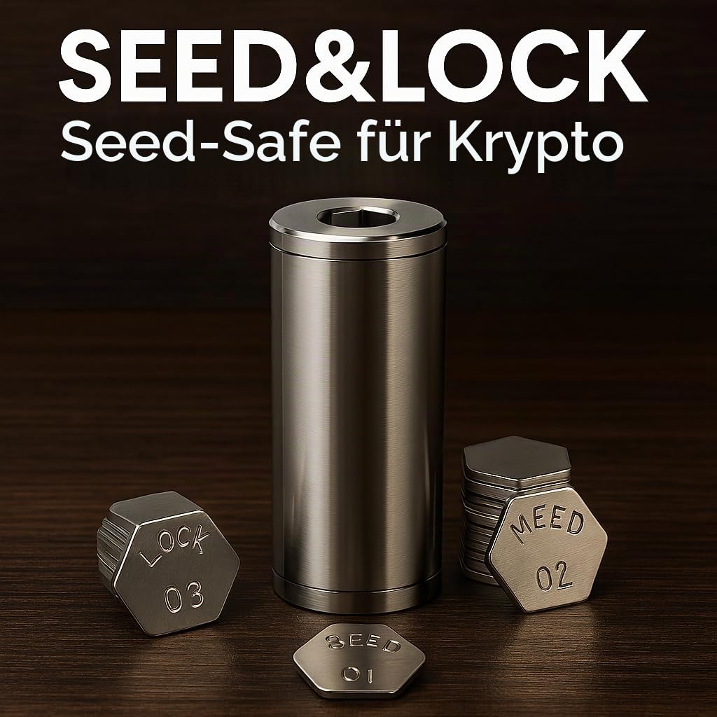 Seed&Lock - Krypto Bitcoin Steel Wallet, Seed Back-Up für Hardware Wallet, Crypto Stahl, Recovery Phrase, Offline Cold Storage, Bitcoin Wallet, Metall, komp. mit Ledger, Trezor, Coldcard