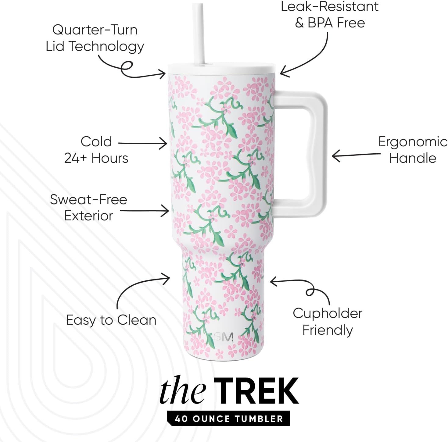 Simple Modern Mother's Day 40 oz Trek Tumbler with Handle and Straw Lid | Cup Holder Friendly Insulated Stainless Steel Travel Mug | Spring Blossom