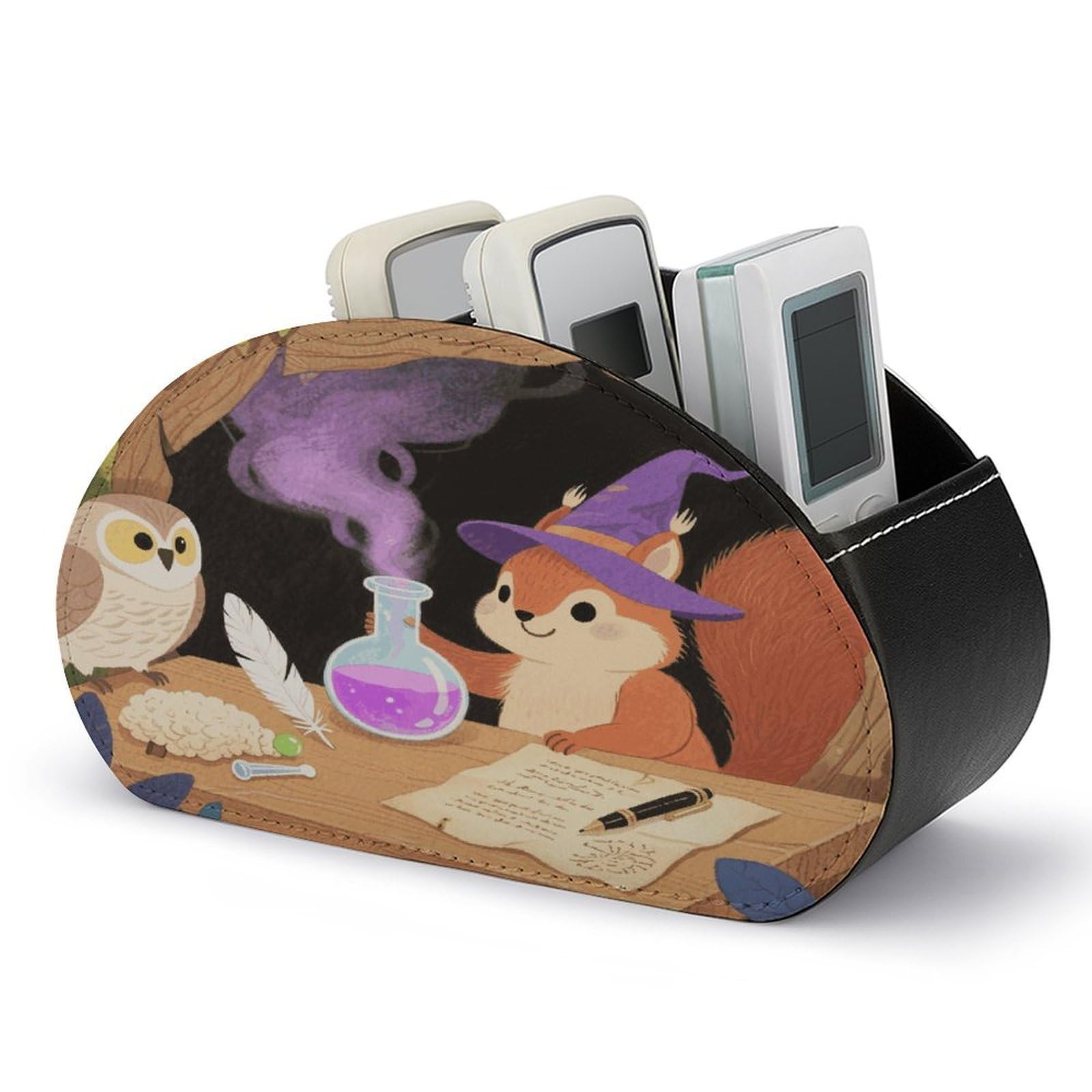 VstaDank Squirrel Wearing A Wizard Hat Remote Control Holder with 5 Compartments PU Leather TV Remoter Caddy Desktop Organizer TV Remote Holder Remote Box for Media Controllers Office Supplies