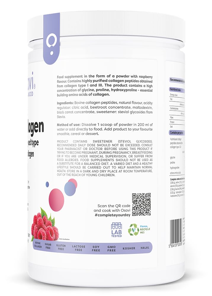 Osavi Hydrolysiertes Kollagen Typ I & III – 660 g Pulver | Himbeergeschmack | 20 g Peptide pro Portion | 18 Aminosäuren inkl. Glycin & Prolin | Unterstützt Muskeln & Knochen | Leicht löslich