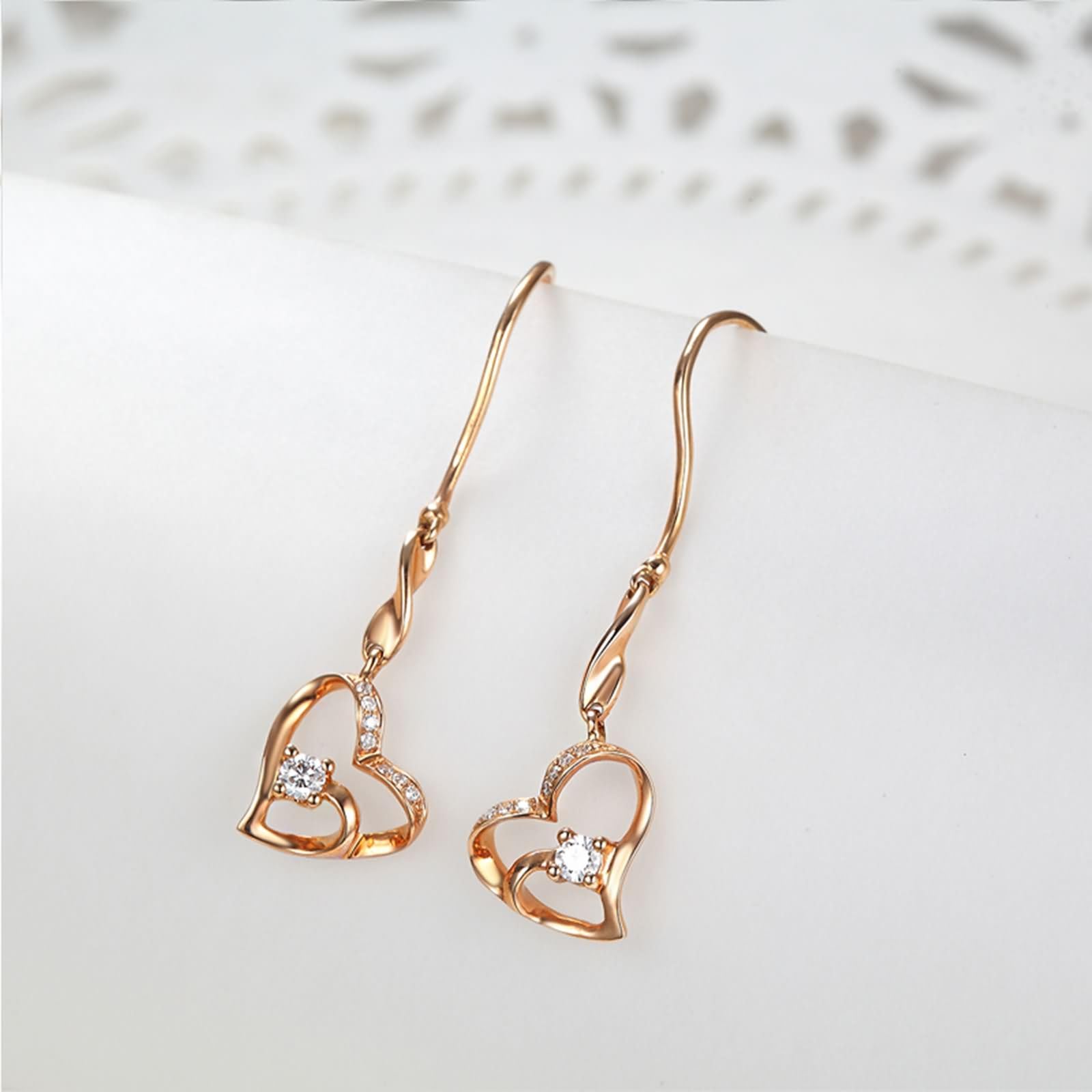 Damen Ohrringe für Hochzeit Rosegold 9K / 14K / 18 K, Hohl Herz mit Diamant 0,1 Karat, Durchzieher Damen Ohrringe Rosegold