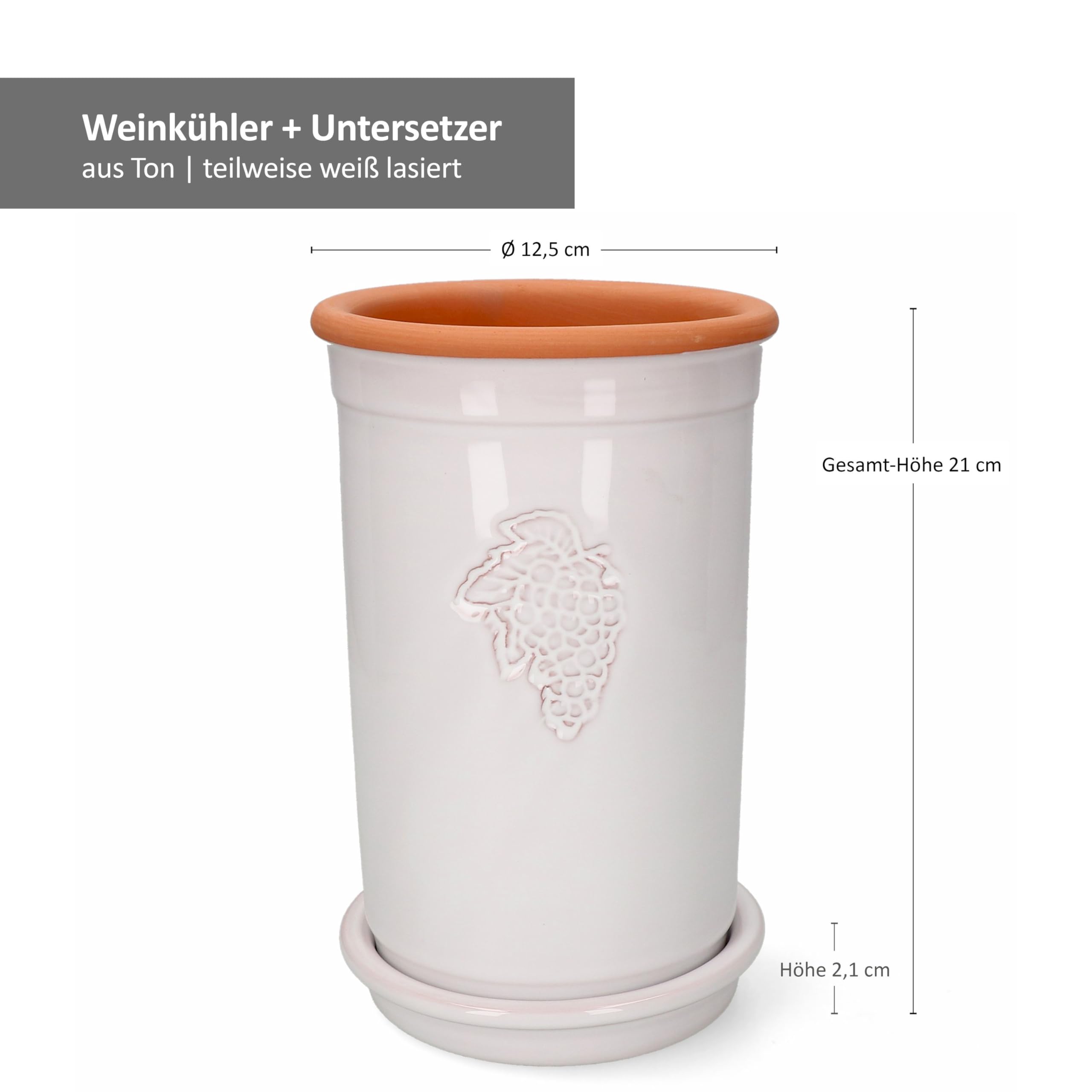 MamboCat | Zestaw 2 szt. glinianych chłodziarek do wina + podstawki glazurowane na biało I Ø 12,5 cm I wys. 21 cm I Chłodziarka do butelek, wina i szampana, chłodzi przez wiele godzin, terakota