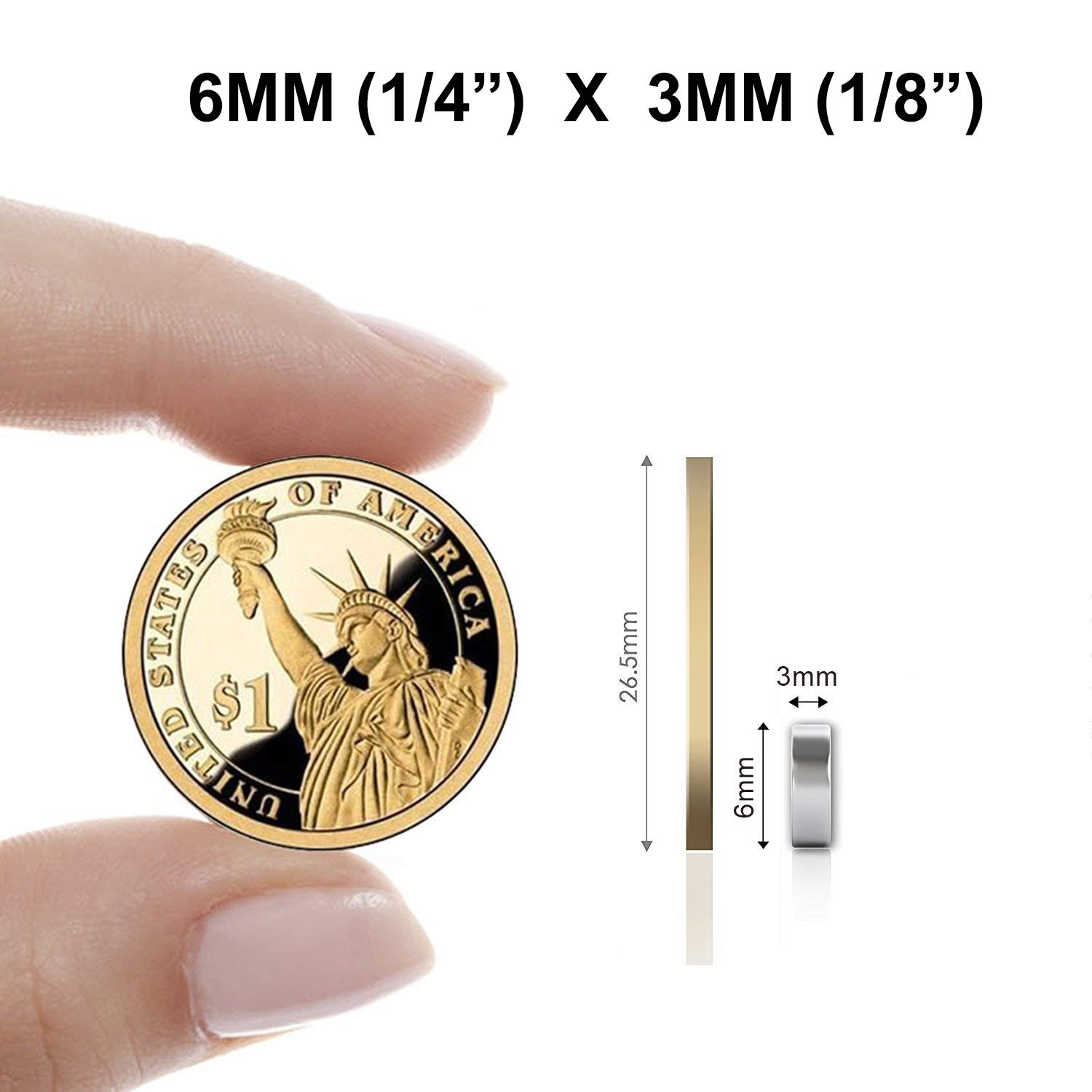 Magnety do lodówki, magnesy neodymowe, małe magnesy silne do lodówki, nauka, rzemiosło, mapy, dekoracje – srebrne, 6 mm x 3 mm – z pudełkiem do przechowywania (50)
