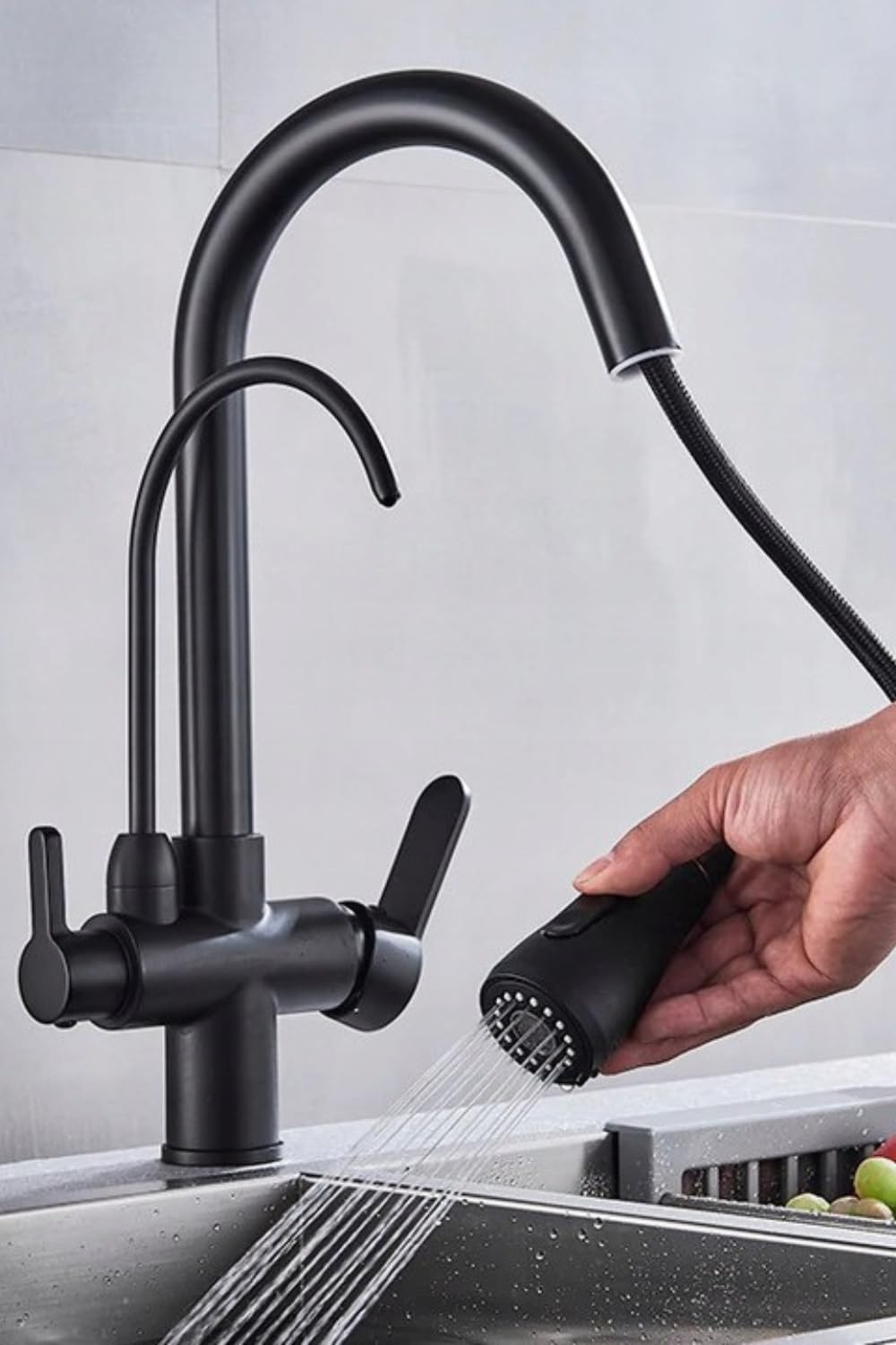 Grifo de cocina 3 vías Nordic negro mate con conexión filtro agua, manguera extraíble, giratorio 360°