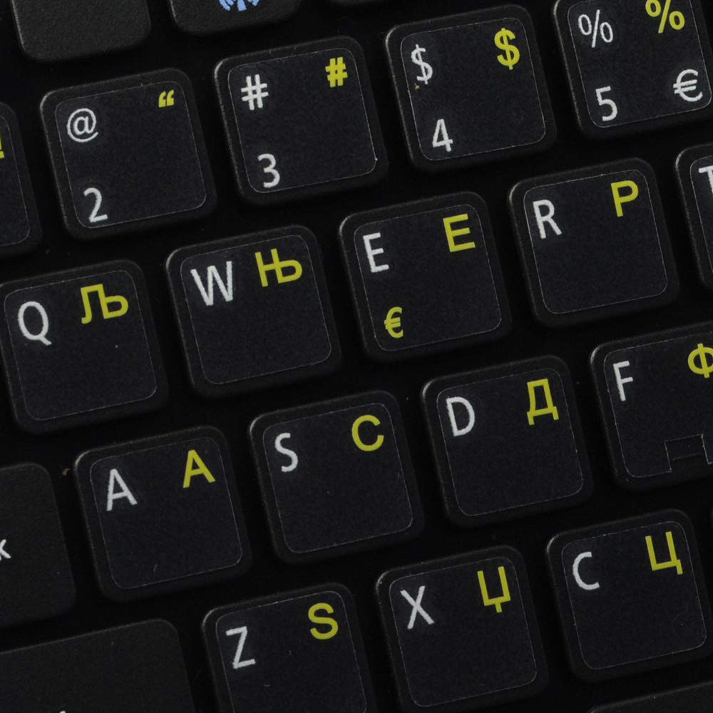 Serbian Keyboard Decals ON Transparent Background with Blue, Orange, RED, White OR Yellow Lettering (14X14) (Yellow)