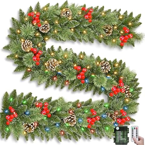 Remote Control&Timer&8 Modes 9 Ft by 12 Inch 50 LED Prelit Christmas Garland Decorations Warm White&Color Changing Lights 280 Classics Tips Red Berry Pinecone Xmas Garland Fireplace Door Stairs Home Cover