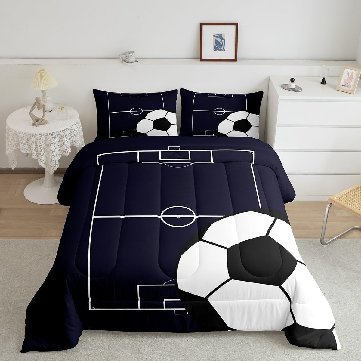 Erosebridal Football Comforter Set King Size Kids Soccer Bedding Set for Boys Girls Teens,Sports Theme Bed Comforter Sets Dark Blue Ball Gaming Quilt Bed Set Football Room Decor with 2 Pillowcases