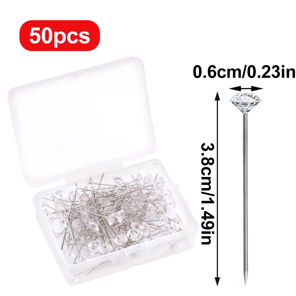 homeemoh 50pcs Clear Diamond Rhinestones Bouquet Pins for Flower, 1.5 Inches Corsage Bouquet Pins, Straight Floral Pins for DIY Craft Sewing