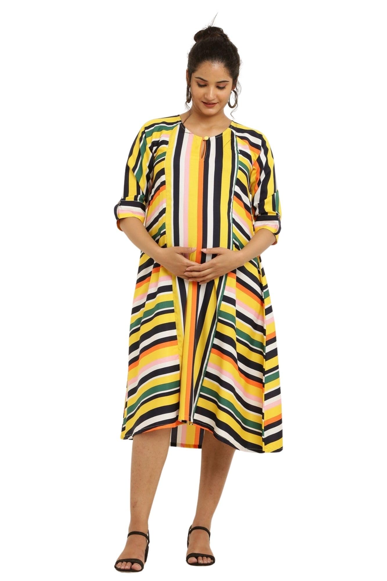 Vivacious Colorful Striped Maternity & Nursing Dress for Women-image-47