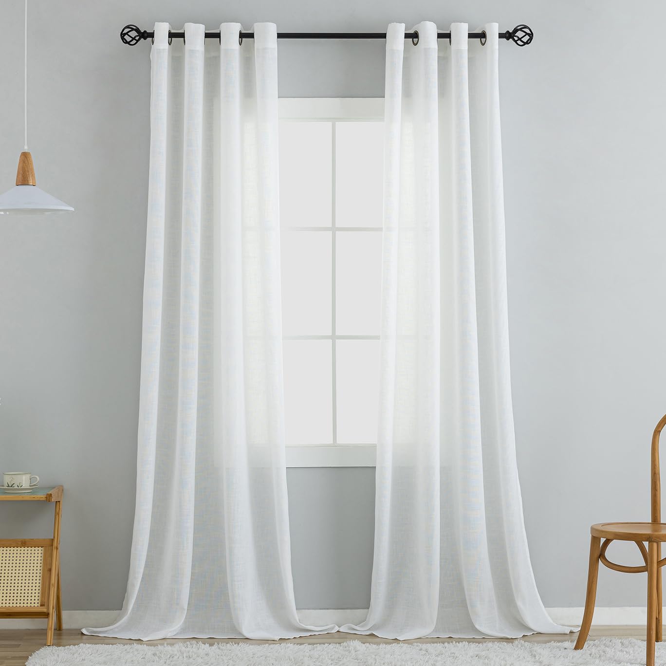 VOILYBIRD Natural Linen Texture Curtains with Eyelets, Linen Curtains for Windows Living Room (White, H x W 245 x 140 cm, Pack of 2)