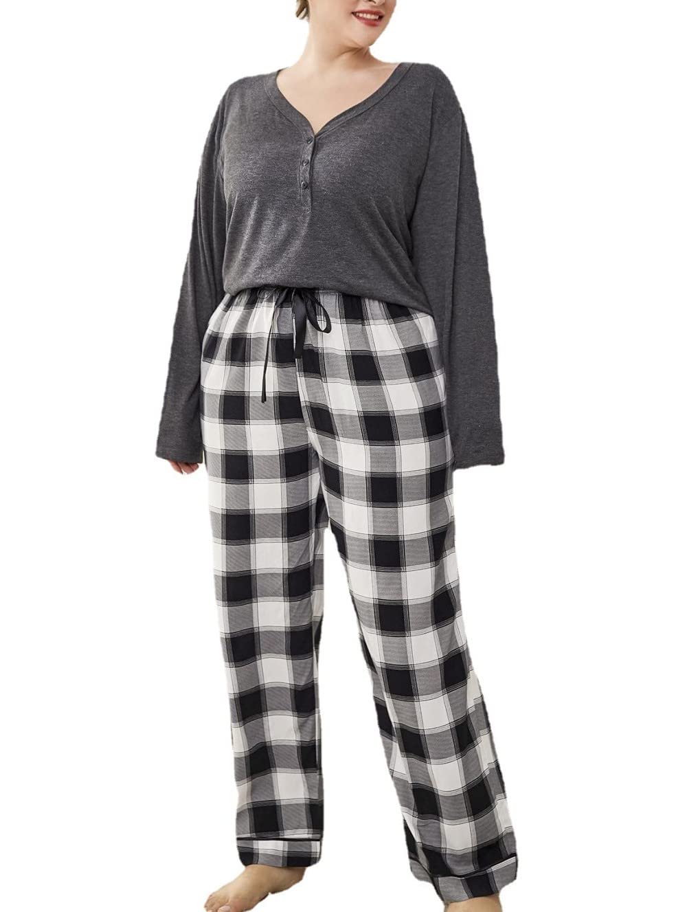 Ensembles De Pyjama Femme,Haut Gris À Col en V De Grande Taille, Pantalon À Carreaux Ensemble De Vêtements De Nuit pour Femme Pyjama Deux Pièces Soft Classic Casual Loungewear Cadeau pour Femme