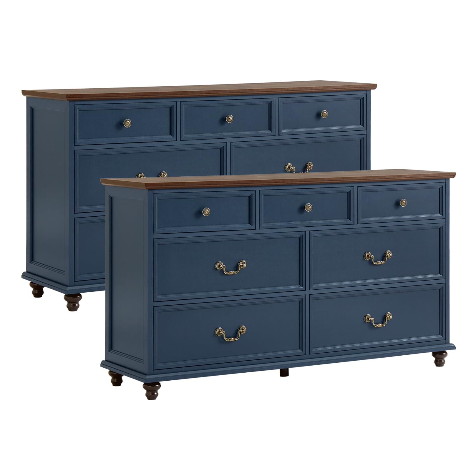 Joaxswe Farmhouse 7 Drawers Dresser Sets of 2 for Bedroom, Navy Blue 54 Inch Wide Chest of Drawers w/ 4 Wooden Legs, Large Vintage Rustic Closet Dressers for Living Room, Wood TV Stand
