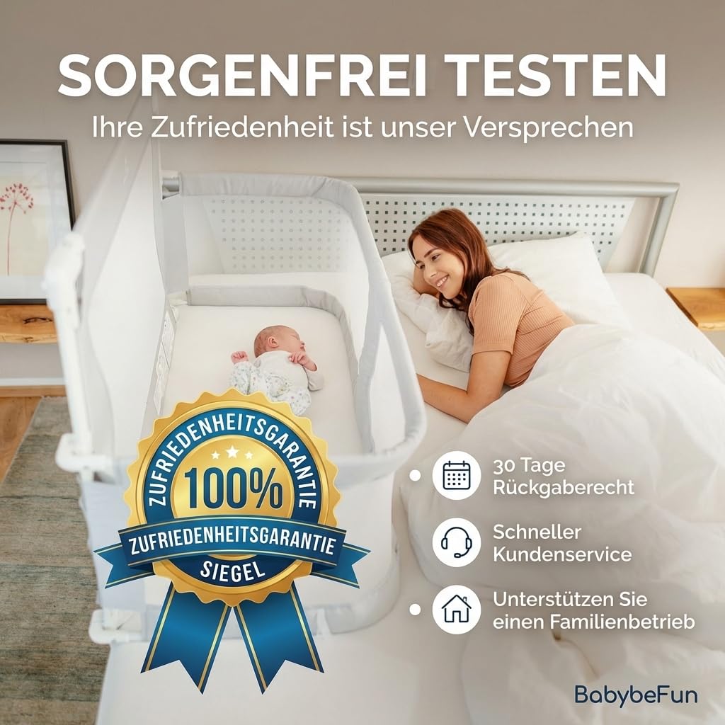 BabybeFun Beistellbett Baby [Stillen im eigenen Elternbett] Babybett für Boxspringbett und normales Bett mit Überrollschutz [Extra Sicher] Rausfallschutz Bett | Kinderbett Alternative