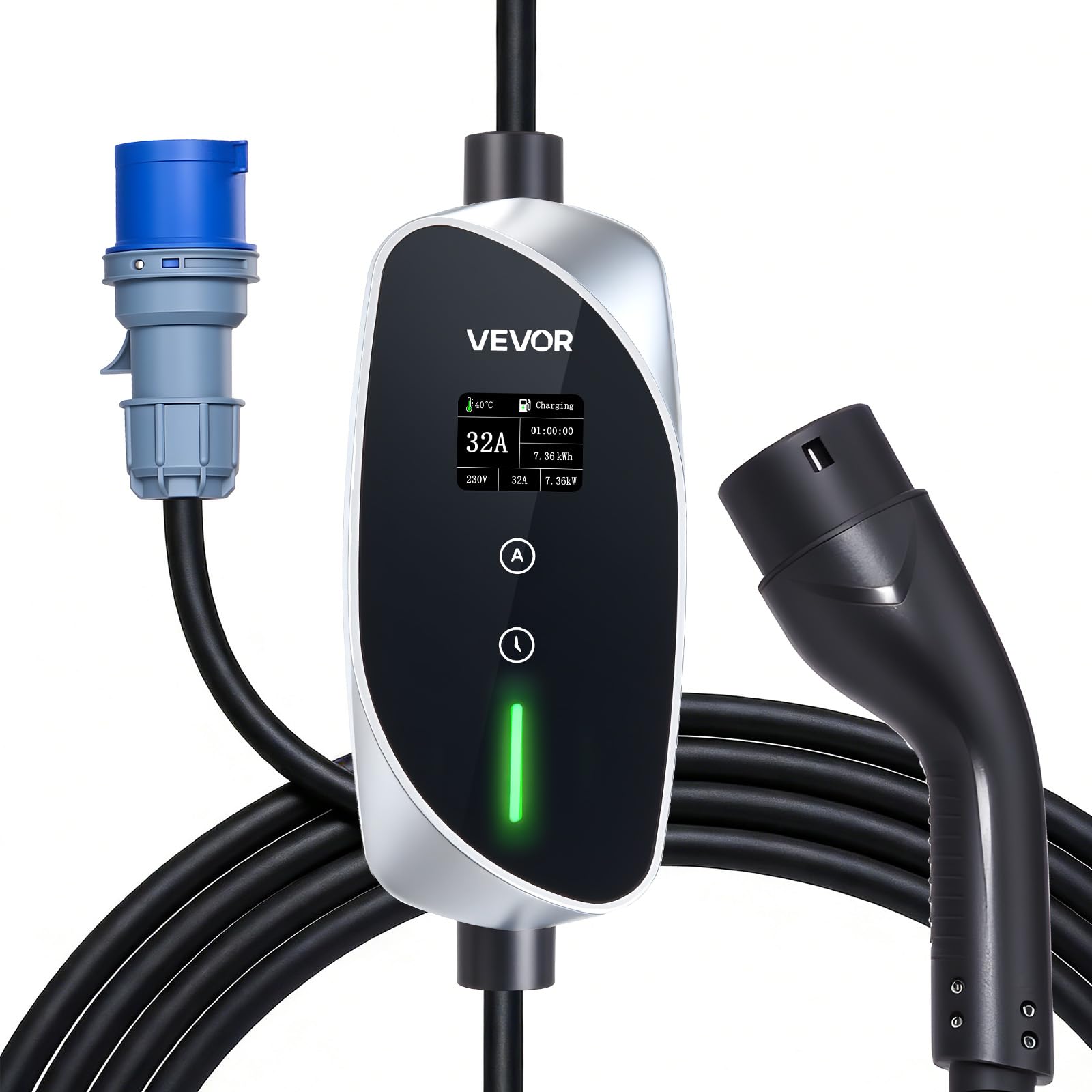 VEVOR Chargeur Voiture Électrique 7,4 KW Borne de Recharge Véhicule Électrique Mobile 32 A avec Câble Recharge Type 2 6 m, Prise CEE 32 A Monophasé, Écran LCD, Courant Réglable, Boîtier Commande IP66