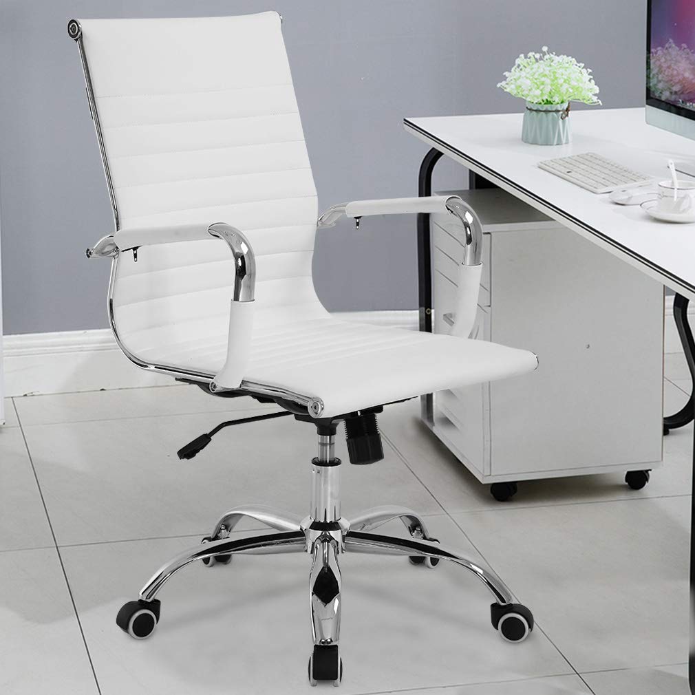 T-LOVENDO.ES Silla de Oficina o escritorio Blanca de Diseño Moderno y elegante - Ergonomica y Reclinable - de Piel Cuero Sintetico. Ideal Sala de reuniones