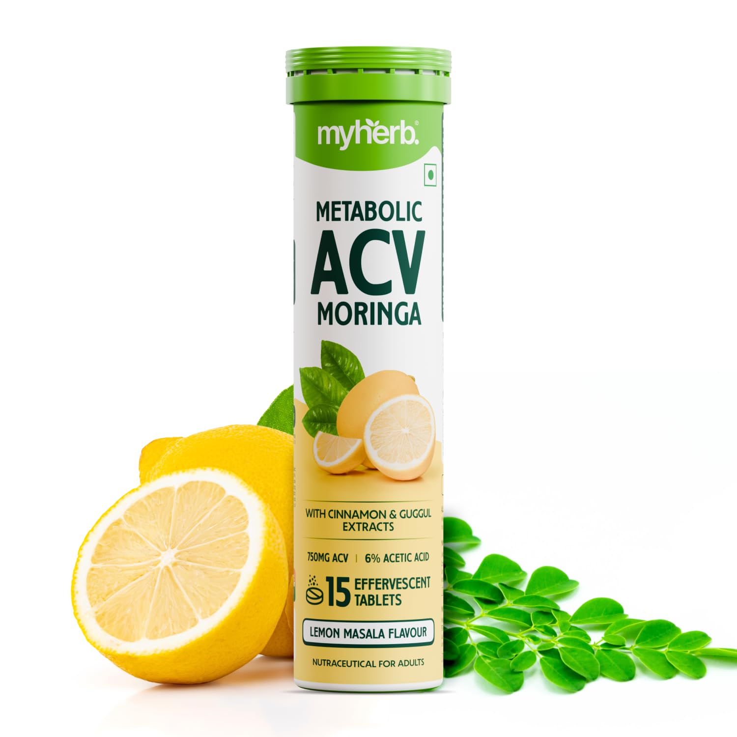 MYHERB ACV Moringa | 15 Effervescent Tablets To Control Cravings,Convert Fat Into Energy | Boost Energy | Apple Cider Vinegar, Cinnamon, Guggul | No Added Sugar (15 count (Pack of 1), Leman Masala)