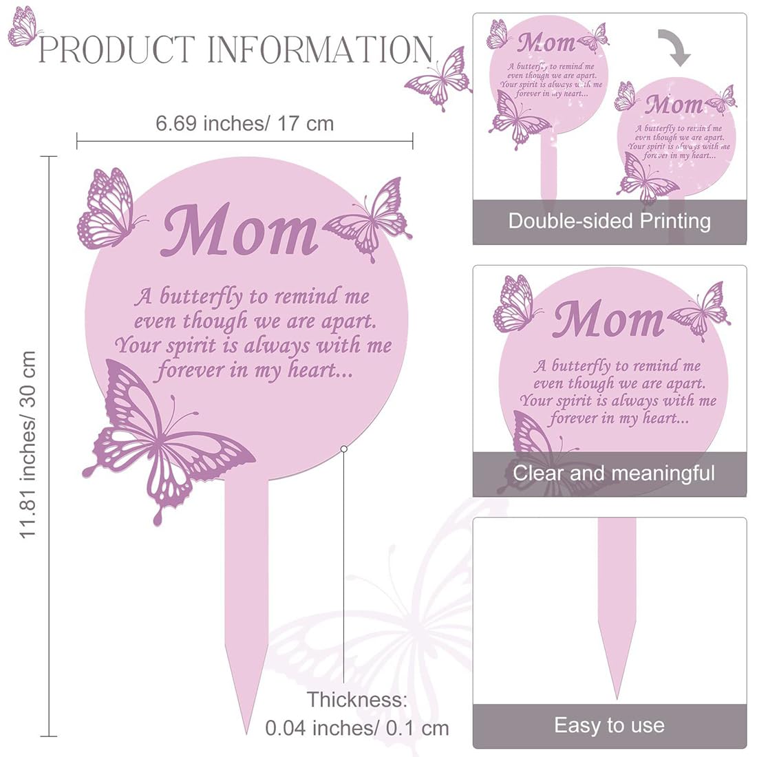 Voyyphixa 11.8X 6.7 Inches Butterflies Grave Stake for Loss of Mom Memorial Grave Markers Memorial Stake Pink Sympathy Grave Plaque Garden Decoration for Cemetery Yard (Mom) - Image 2