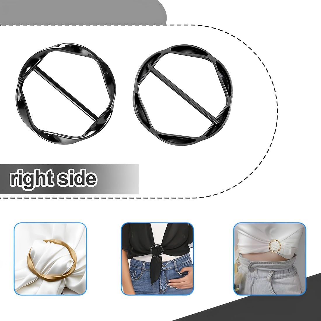 6 pièces boucle de ceinture en métal pour femme, T-shirt clip, boucle, anneau foulard en soie, ourlet nœud chemise pince à cravate, boucles et fermoirs pour filles