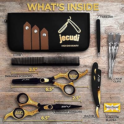 Professional Hair Cutting Scissors Set 6.5 Inch- Handmade Japanese Stainless Steel, Includes Barber Scissors,Tweezers, Razor, 10 Blades, Comb, 2 Hair Clips & Cleaning Cloth.