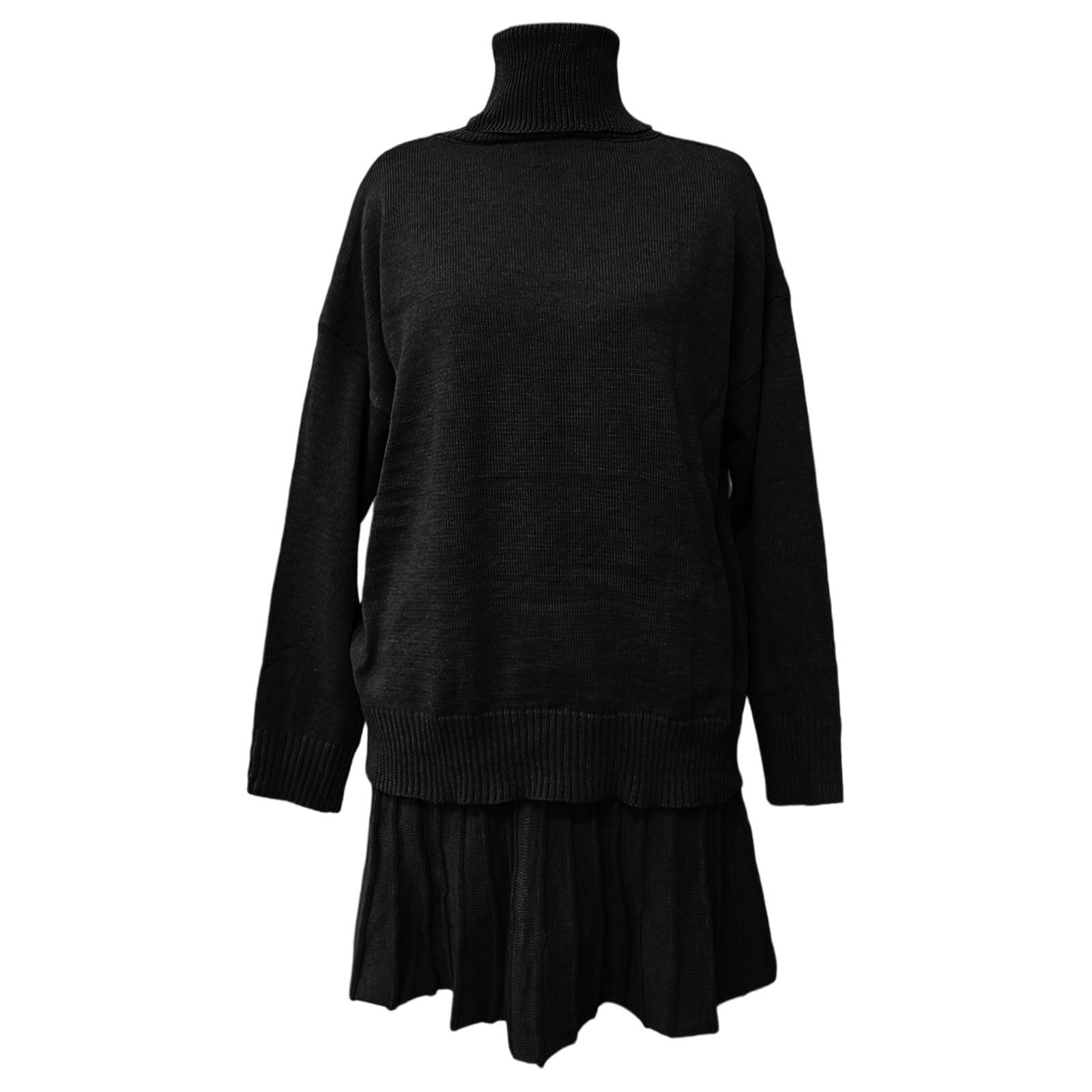 Falda de punto de cuello alto y línea A para mujer, falda plisada de dos piezas, falda de trabajo de manga larga, falda de trabajo de un solo color, cuello alto, suéter suelto, falda de punto