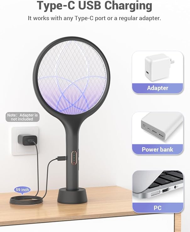 YISSVIC Electric Fly Swatter 4000V Bug Fly Zapper Racket Mosquito Killer 1500 mAh 3 Layers Mesh with USB C Cable Stand Base for Indoor Outdoor
