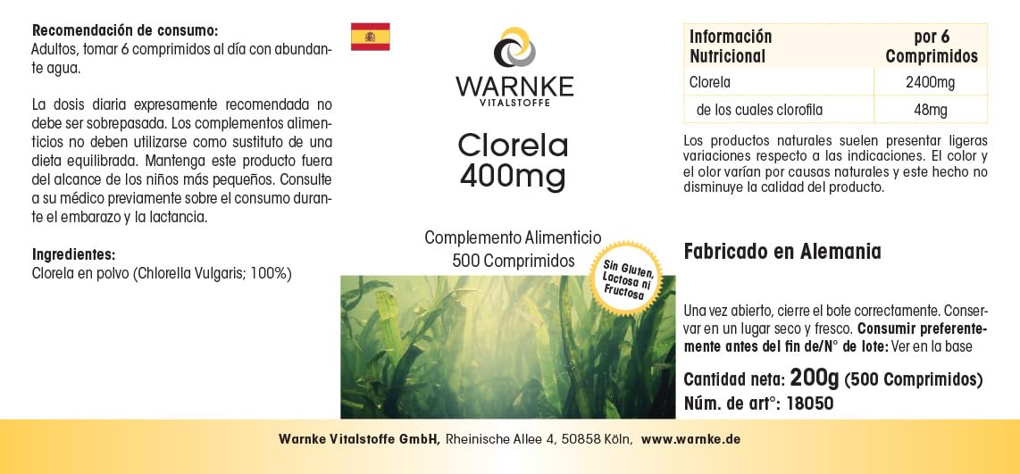 Chlorella 400 mg - 500 comprimés - faciles à avaler - poudre d'algue Chlorella vulgaris - avec chlorophylle - végétalien - grand format | Warnke Vitalstoffe - Qualité pharmaceutique allemande