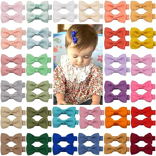 Image of ALinmo Hair Clips 60Pcs 2" Baby Girls Fully Lined Baby Bows Tiny Hair Bows Alligator Clips for Infants Toddlers 30 Colors in Pairs