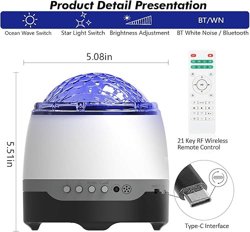 Miniatura 8 de Proyector de galaxia, proyector de luz de estrellas para dormitorio, máquina de sonido de ruido blanco calmante para dormir con control remoto,