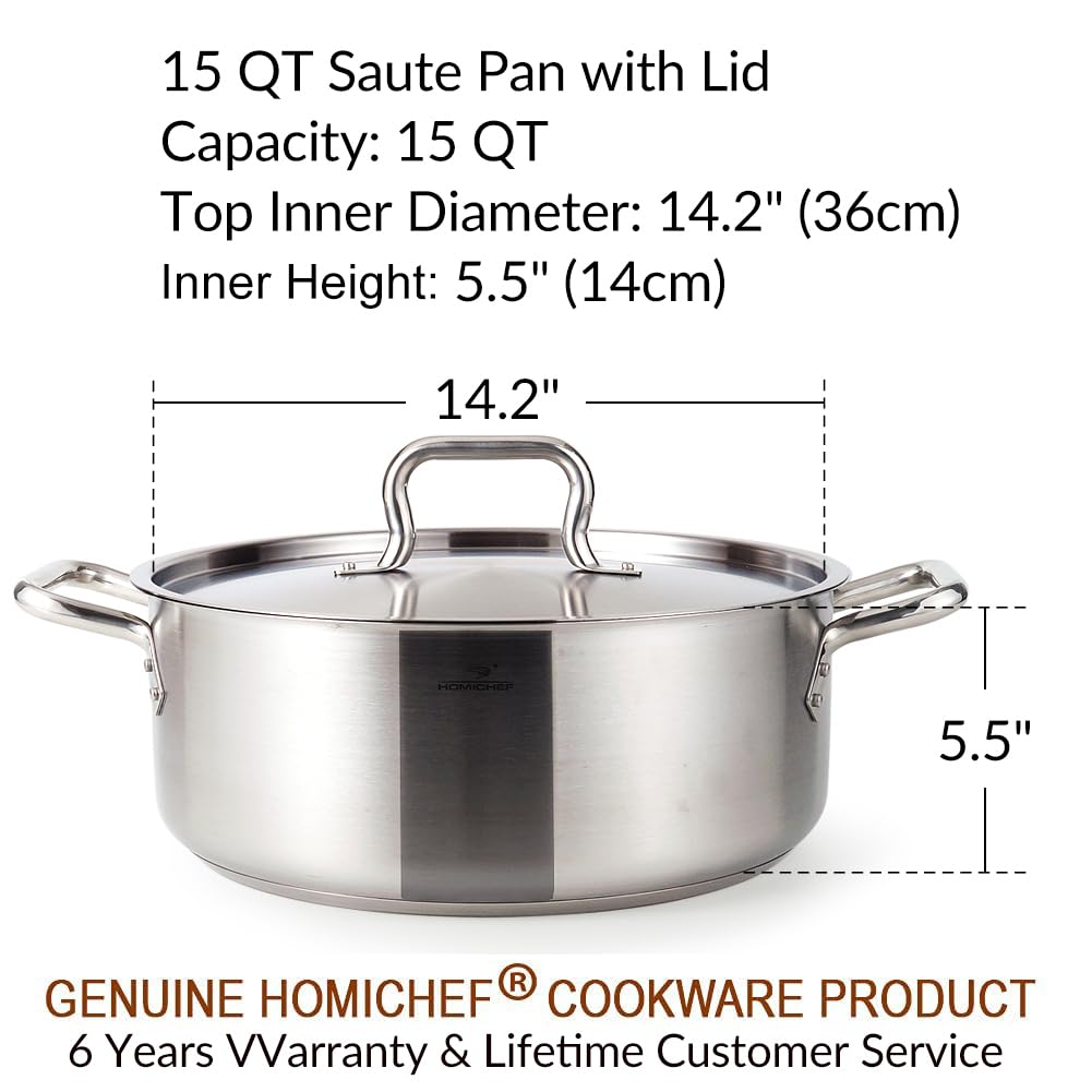 HOMICHEF - Olla grande de 15 cuartos de acero inoxidable con tapa, sartén para estofado de grado comercial sin níquel, olla sana para estofado de 15 QT - Sartén grande pulida mate