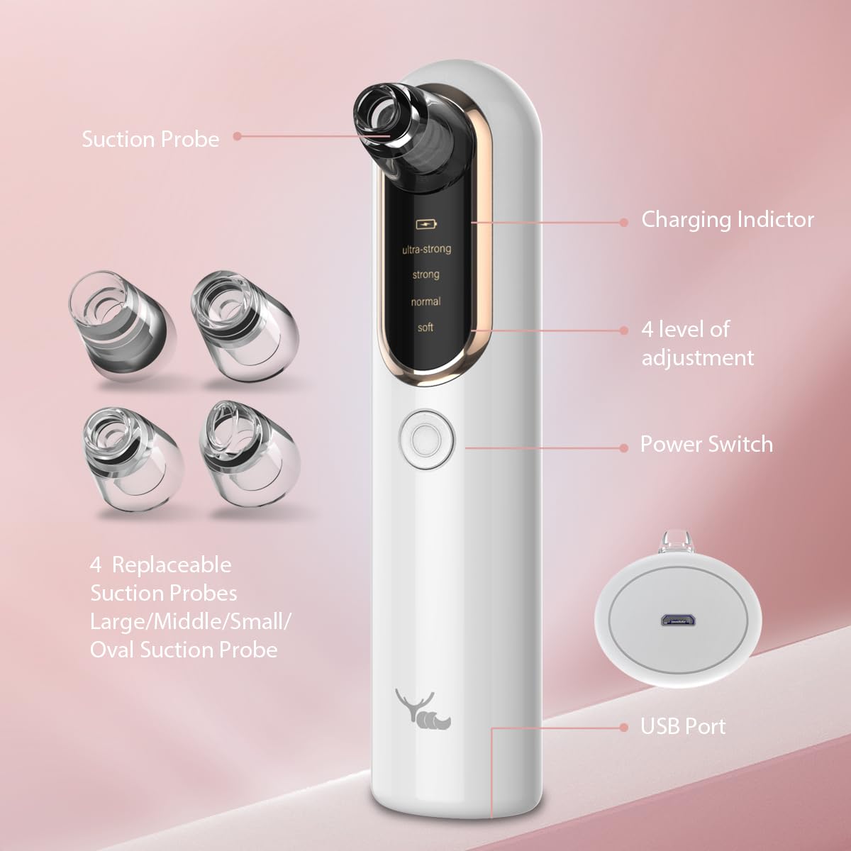 Yccu Aspirateur Point Noir Extracteur de Comédons Nettoyage des Pores Purateur de Peau Visage 4 Sondes et 4 Modes d'extraction des Points Noirs Rechargeable
