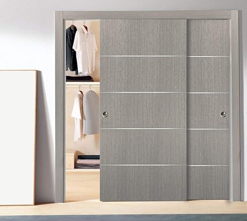 Miniatura 2 de SARTODOORS Puertas corredizas de derivación para armario de 60 x 80 pulgadas con herrajes  Planum 0020 roble gris  Juego de molduras de rieles de