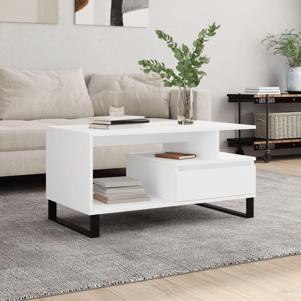 Tavolino bianco 90 x 49 x 45 cm, in legno con cassetto, gambe in metallo, tavolino moderno per soggiorno, elegante ripiano
